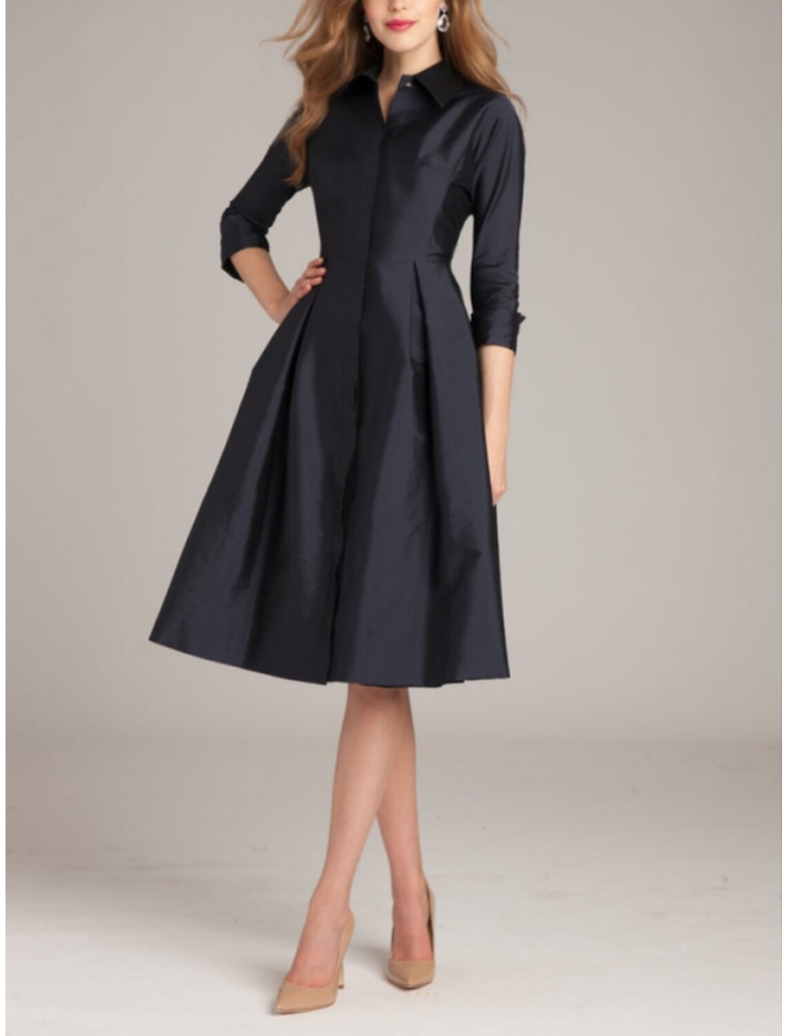 Abiti da cocktail a trapezio, abiti minimalisti, formali, autunnali, lunghezza al ginocchio, maniche a 3/4, colletto a camicia, raso con fiocco/i e spacco